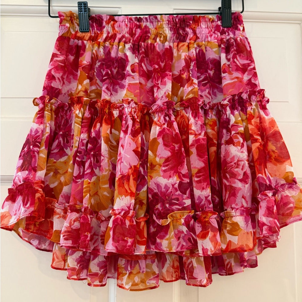 Misa Los Angeles Floral Ruffle Skirt - Pink and Orange size Small